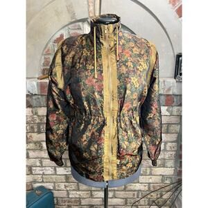 Jacket windbreaker floral mustard rust green 1980s